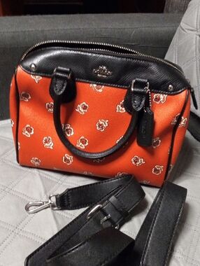 Coach Small Floral Satchel in Orange and Black